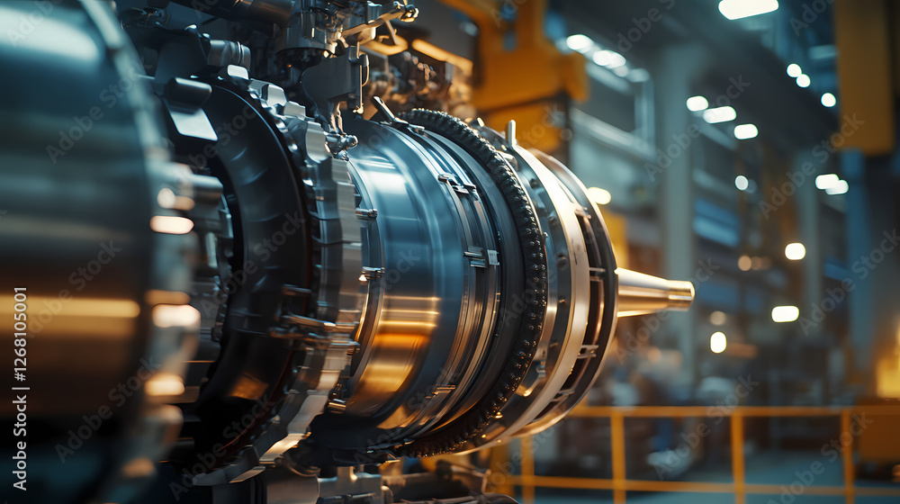 Poster precision engineering: a close-up view of a powerful industrial engine, showcasing intricate gears, 