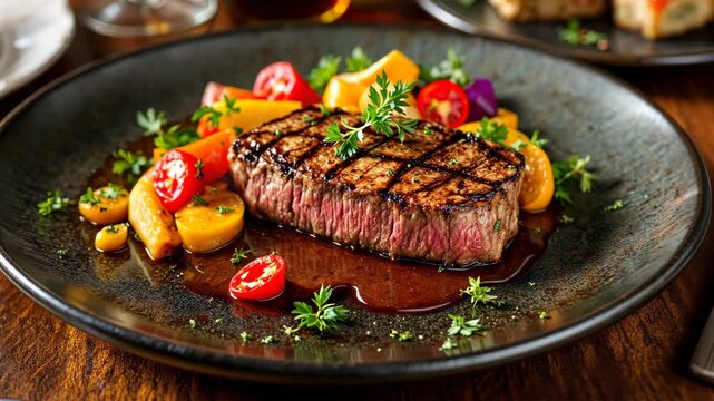Grilled beef steak with vegetables and lamb chops on a plate