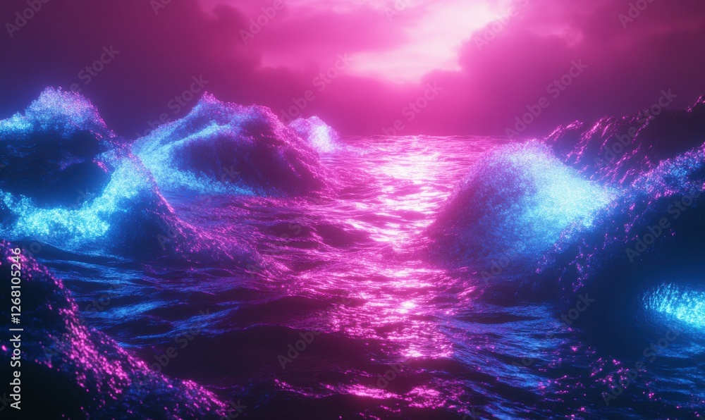 Poster abstract futuristic rendering of glowing neon waves in blue and pink tones, dynamic motion and high 