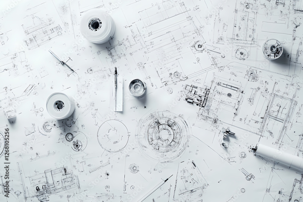 Poster architectural blueprint details: close-up shot of architectural blueprints, drafting tools, and desi