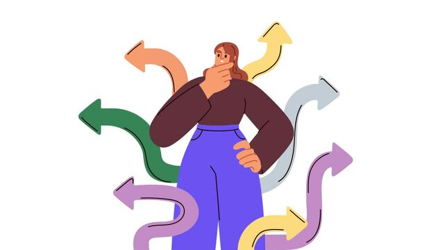 confused woman with question marks, person not knowing what decision to make 4k animation