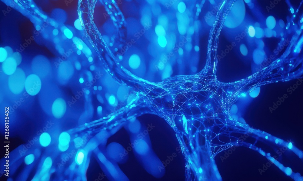 Poster abstract glowing blue network of interconnected nodes, futuristic design symbolizing technology and 