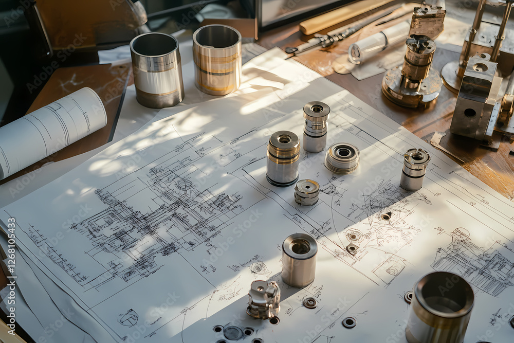 Poster engineering blueprint:detailed engineering blueprint with metallic components arranged meticulously,