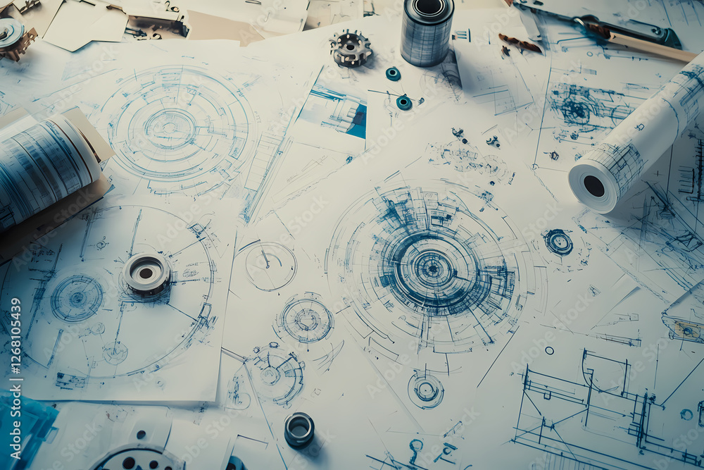 Aufkleber blueprints and gears: a closeup of a cluttered workspace with technical drawings, mechanical parts, 