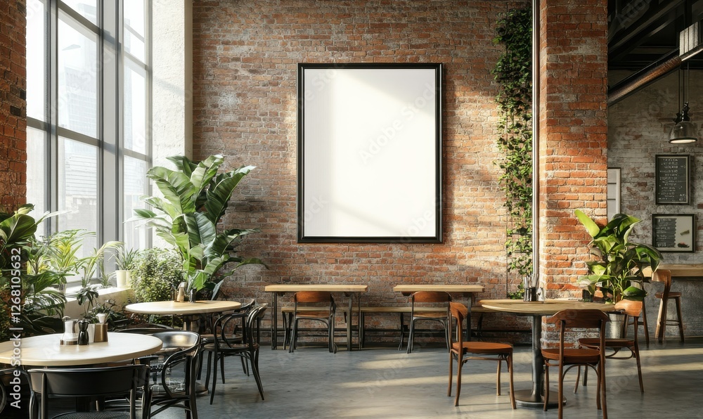 Poster an oversized, empty picture frame mockup displayed in a cafe with a rustic industrial design.