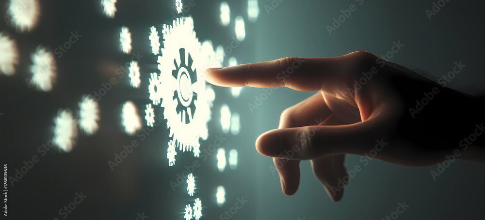 Aufkleber interactive network: a hand reaches out to touch a glowing network of gears and cogs, representing i