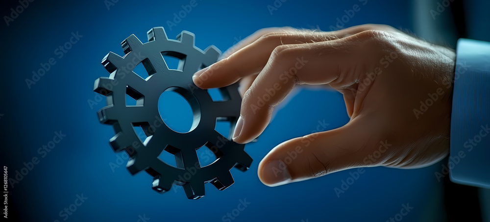 Poster hand holding cogwheel: a close-up image of a hand gently holding a large cogwheel, symbolizing the i