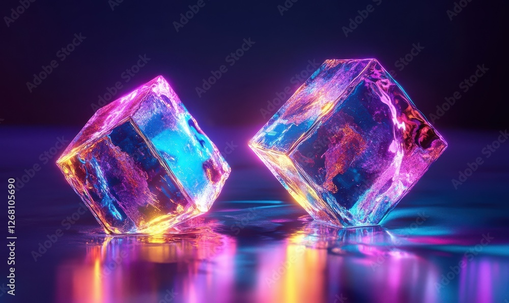 Poster abstract glowing holographic cubes floating mid-air, vibrant neon tones creating depth, futuristic a