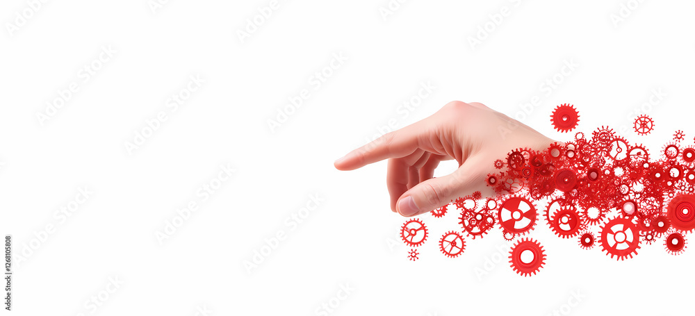 Poster red cogs in hand: a hand reaches out, seemingly manipulating a stream of vibrant red cogs, symbolizi