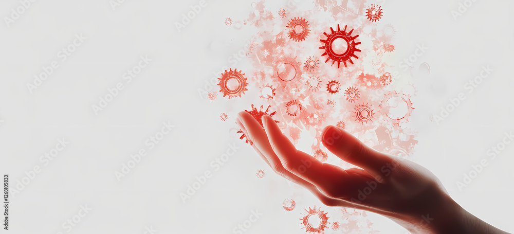 Poster red virus particles in hand: a hand gently cradles a swirling vortex of red virus particles, creatin