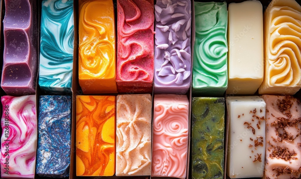 Poster artisan soap bars displayed in a box, with vibrant colors and unique patterns showcasing the craft o