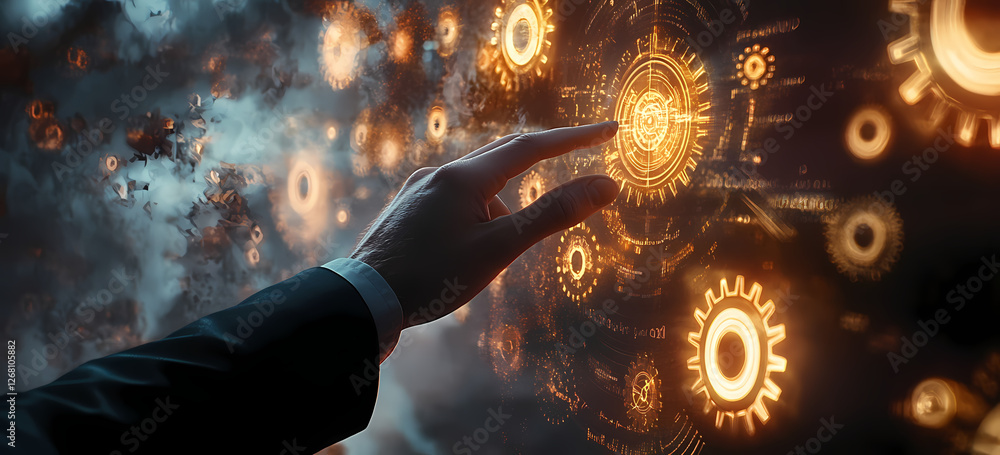 Aufkleber mastering the machine: a hand reaches out to interact with a complex network of glowing golden gears
