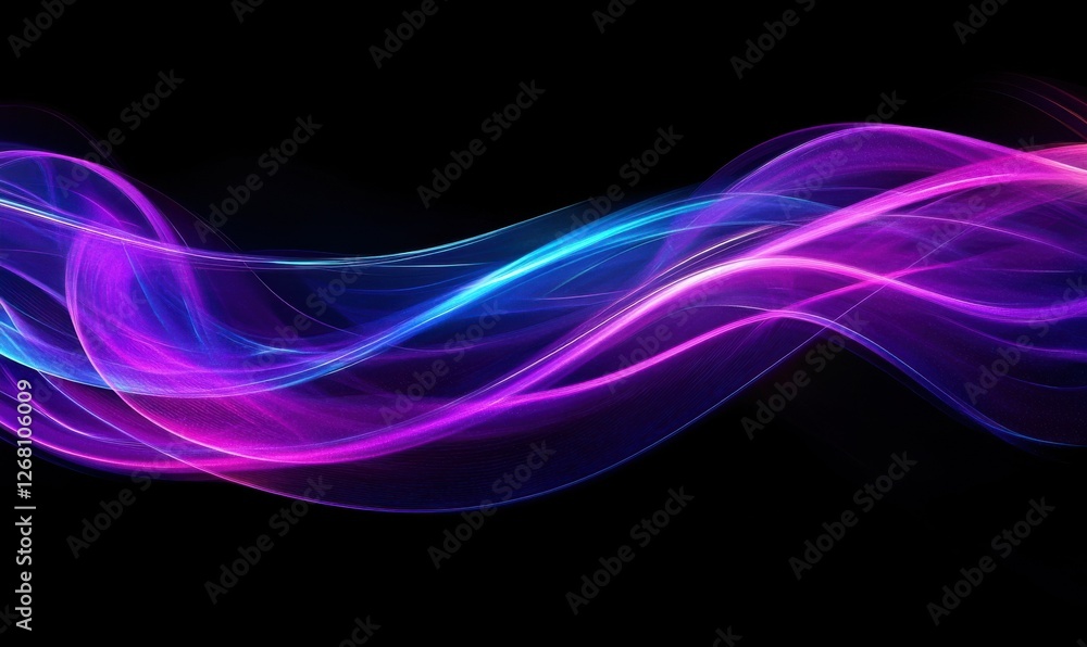 Poster abstract glowing wave pattern in vibrant purple and blue tones on a dark background, smooth lines cr