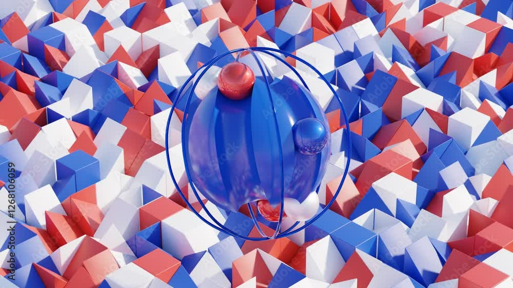 Poster abstract 3d animation, dynamic geometric motion in bold red and blue, seamless looping video for soc