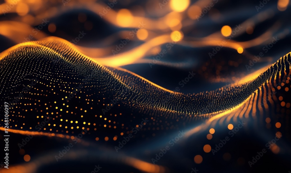 Poster abstract golden particles glowing in dark space, soft reflections creating depth and contrast, festi