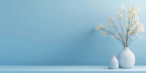 Blue wall, vases, flowers, minimalist, serenity
