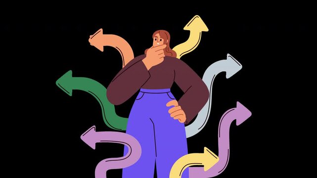 confused woman with question marks, person not knowing what decision to make 4k animation