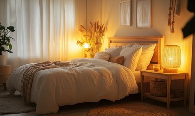 Cozy bedroom with light wood furniture, white bedding, and warm ambient lighting creating a relaxing atmosphere.