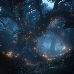 Obraz premium Mystical Ancient Tree with Fireflies