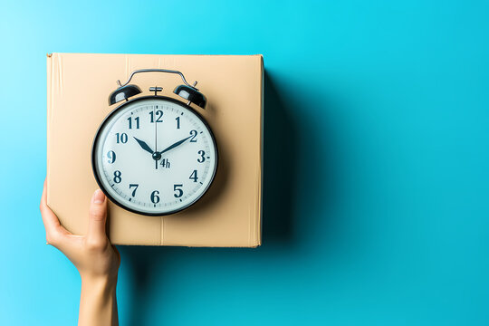 Timely Delivery: A hand holds a cardboard box with a classic alarm clock face, symbolizing on-time delivery and punctual service. This image conveys efficiency, dependability.