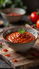 Vibrant harissa bowl on rustic wooden cutting board, culinary warmth