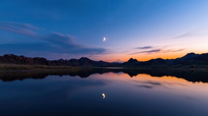 Fototapeta premium Crescent Moon Reflecting on a Calm Lake at Dusk