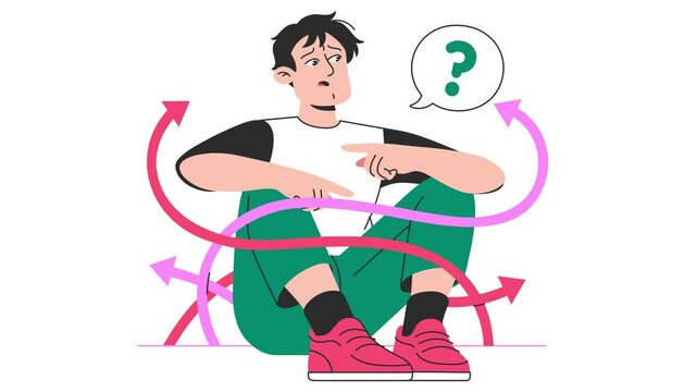 confused man with question marks, person not knowing what decision to make 4k animation