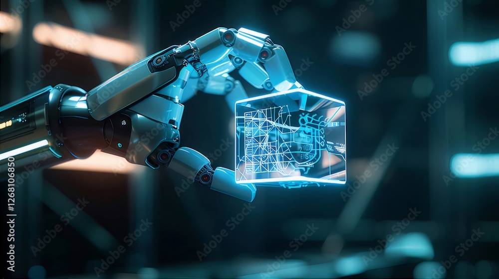 Poster robotic hand holding data cube in factory
