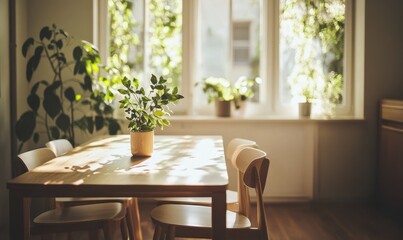 Cozy dining area with a wooden table, sleek chairs, and soft beige decor, bright natural light filtering through large windows, calm and warm atmosphere, minimalist design