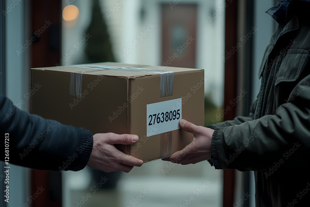 Poster delivery confirmation: secure package handover, tracking number visible, emphasizing safe and reliab