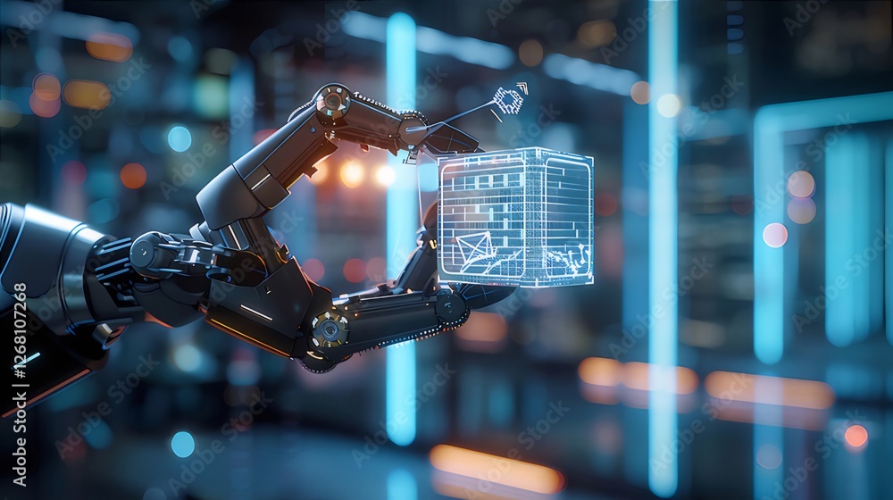 Poster robotic hand holding data cube in server room