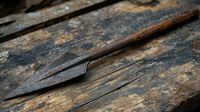 Ancient Spearhead Resting on Weathered Wooden Planks Close Up Shot