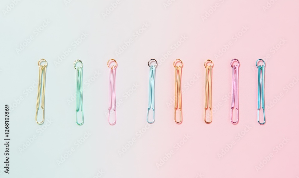 Poster colorful paper clips arranged in a row on a plain background for organizational use