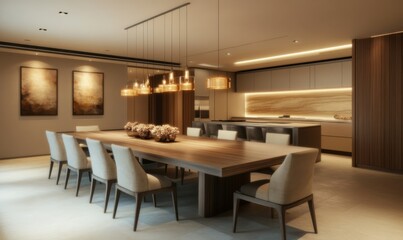 Minimalist dining space with a sleek wooden table, soft beige chairs, and pendant lights in warm tones.