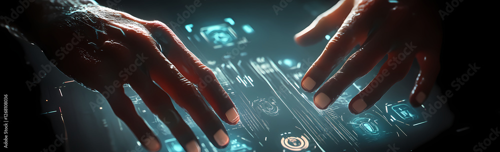Poster digital alchemy: two hands hover over a glowing, translucent surface, imbued with otherworldly energ