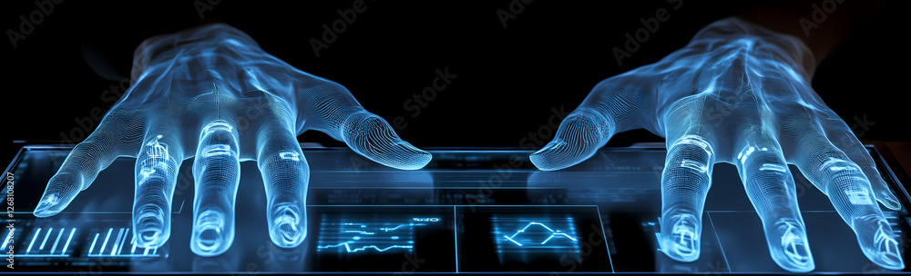 Poster digital hands on futuristic interface: glowing, translucent hands hover over a futuristic digital in