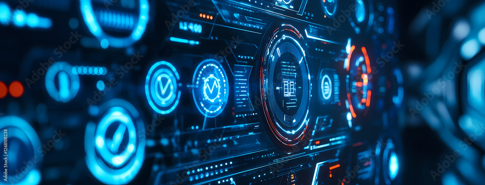 Poster cybernetic interface: a mesmerizing digital interface glows with vibrant blue and red hues, showcasi