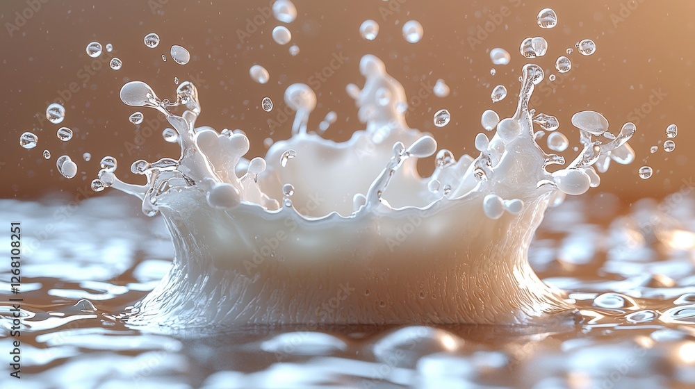 Poster a close-up of a milk splash creating droplets in a reflective surface.