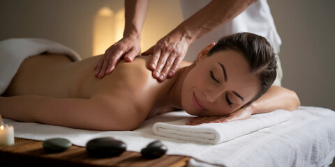 Obraz premium A serene image of a woman receiving a massage in a calm spa setting, symbolizing relaxation, wellness, and self-care in a peaceful environment.