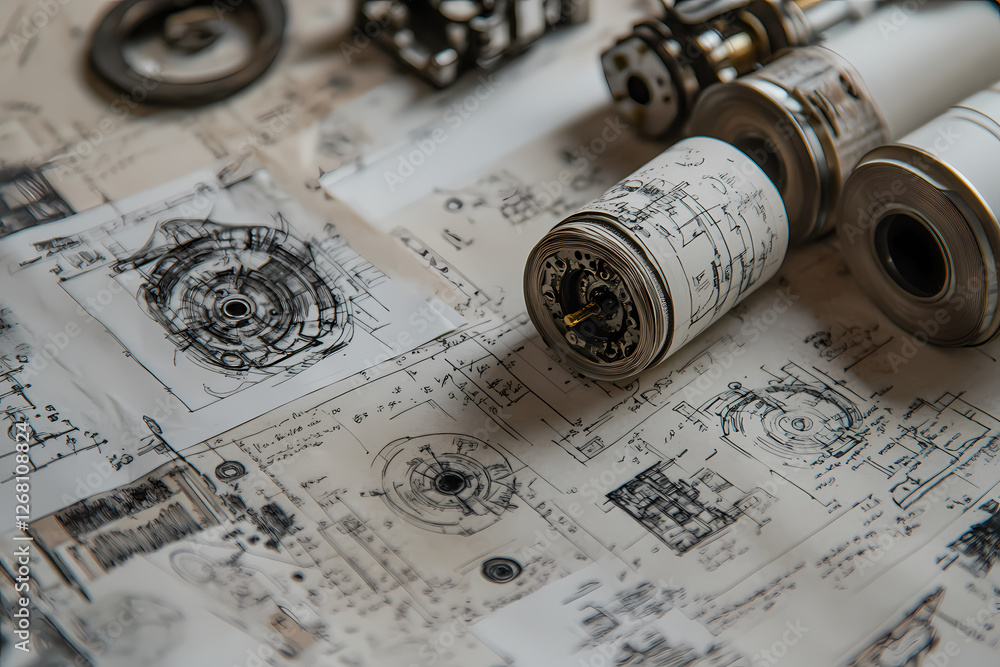 Poster engineering blueprint detail: close-up shot of mechanical parts resting on detailed engineering blue