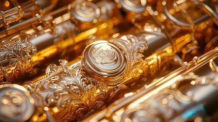 Golden saxophone keys close-up, intricate details, sunlight highlights, musical instrument...