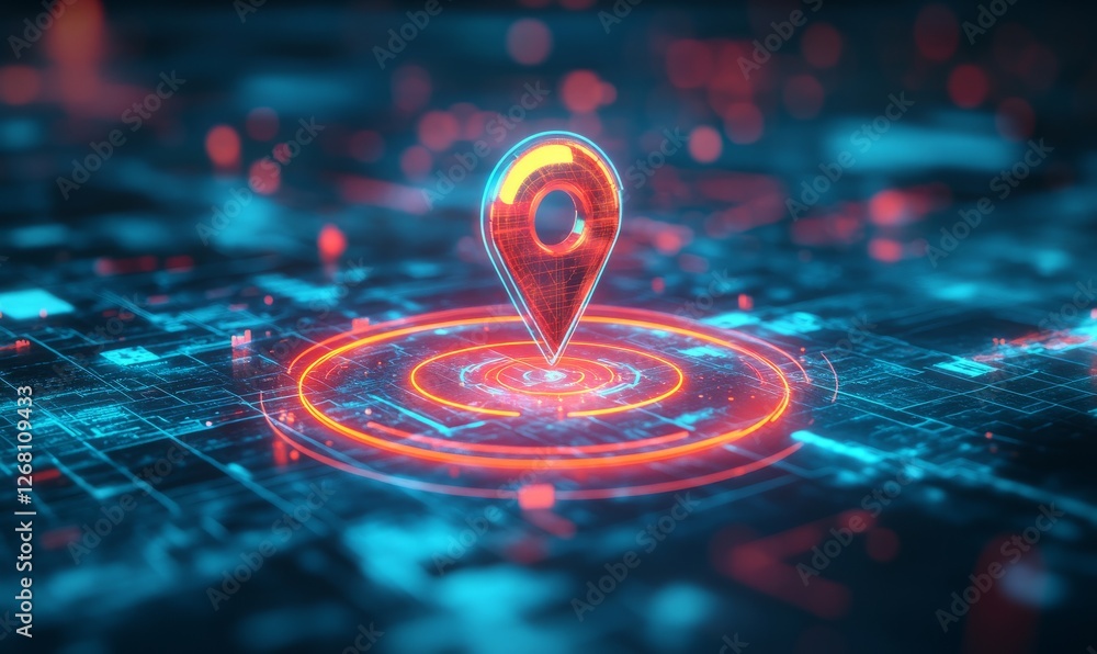 Poster a vibrant digital illustration depicting a location pin centered on a target, representing navigatio