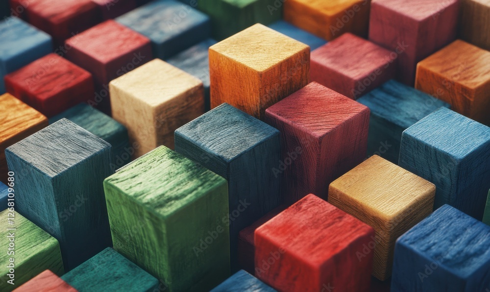 Aufkleber array of colorful wooden blocks arranged in geometric patterns, symbolizing creativity and playful d