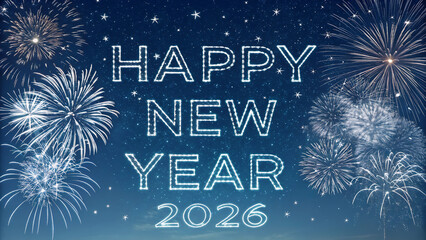 happy new year 2026, silvester, new year's eve, new year party celebration holiday backgrounds greeting card with text- firework fireworks pyrotechnic display on dark black night sky
