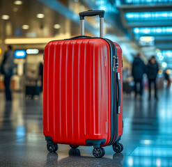 Bright red suitcase stands alone in modern airport terminal, highlighting travel preparation and adventure anticipation