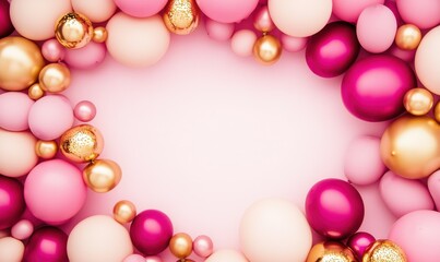 Elegant pink and gold balloons framed by a subtle pastel backdrop for special events.