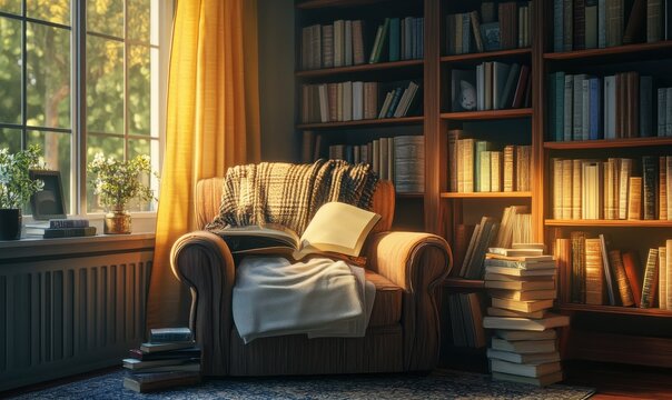 Cozy reading nook with a comfortable chair and a stack of books, soft warm light creating a peaceful atmosphere, inviting and relaxing