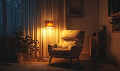 Cozy reading nook with a soft armchair and warm lighting, minimalist decor creating a peaceful and inviting space, calm ambiance
