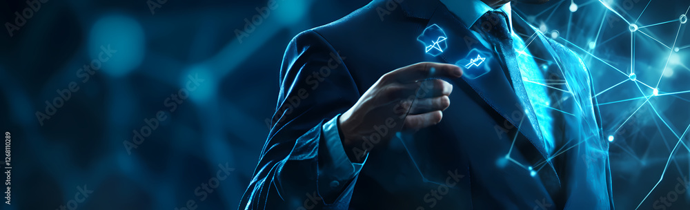Poster digital transformation: a businessman in a sharp suit interacts with a futuristic digital interface,
