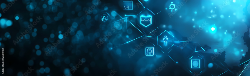 Poster cybersecurity network: abstract digital illustration depicting a network of glowing blue icons repre